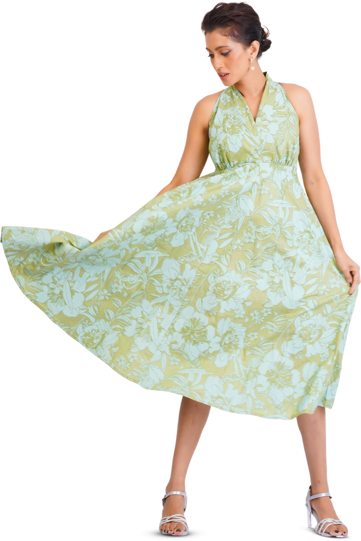 D052 | Printed Halter Neck Midi Dress