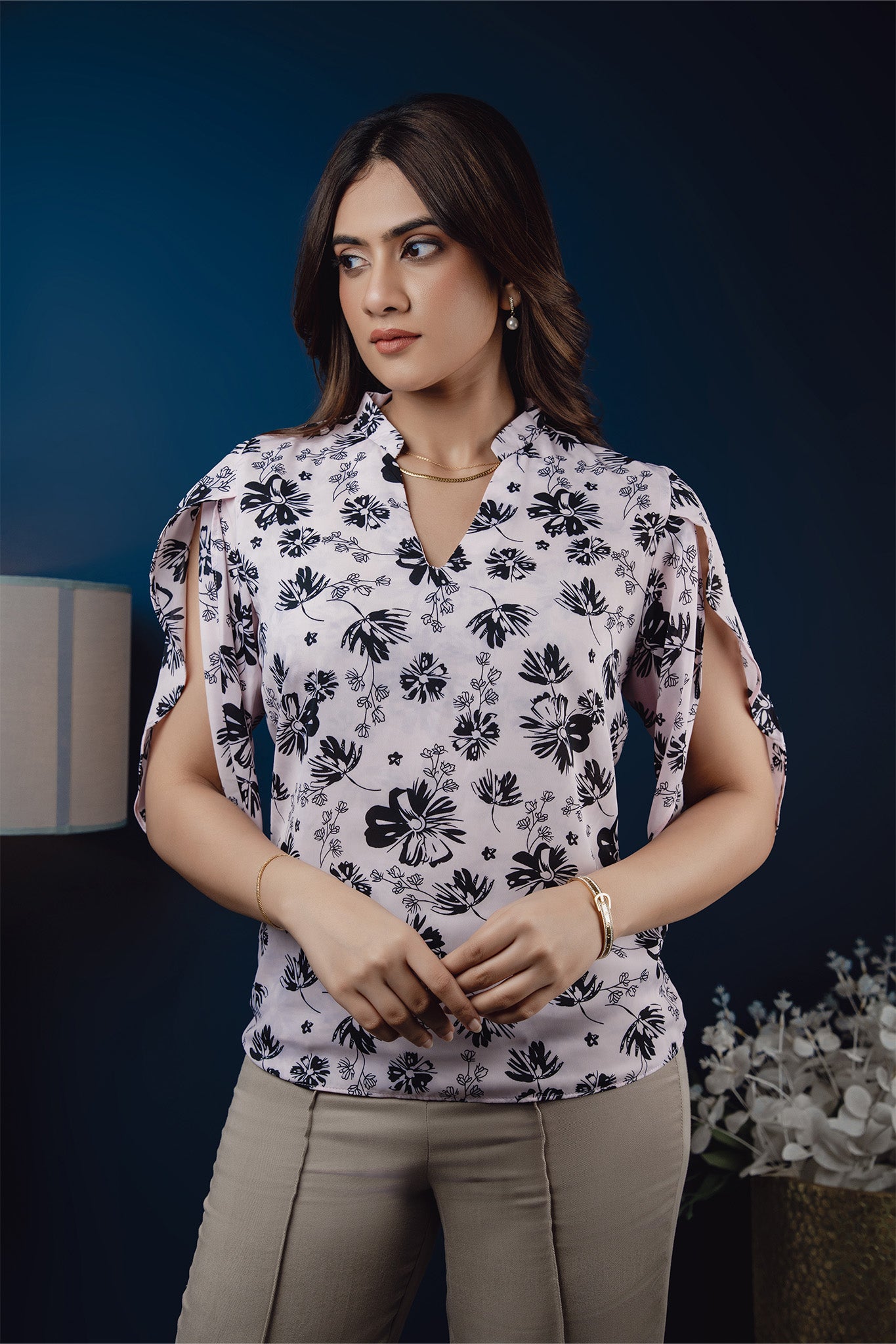 T058 | Chinese Collar Printed Top