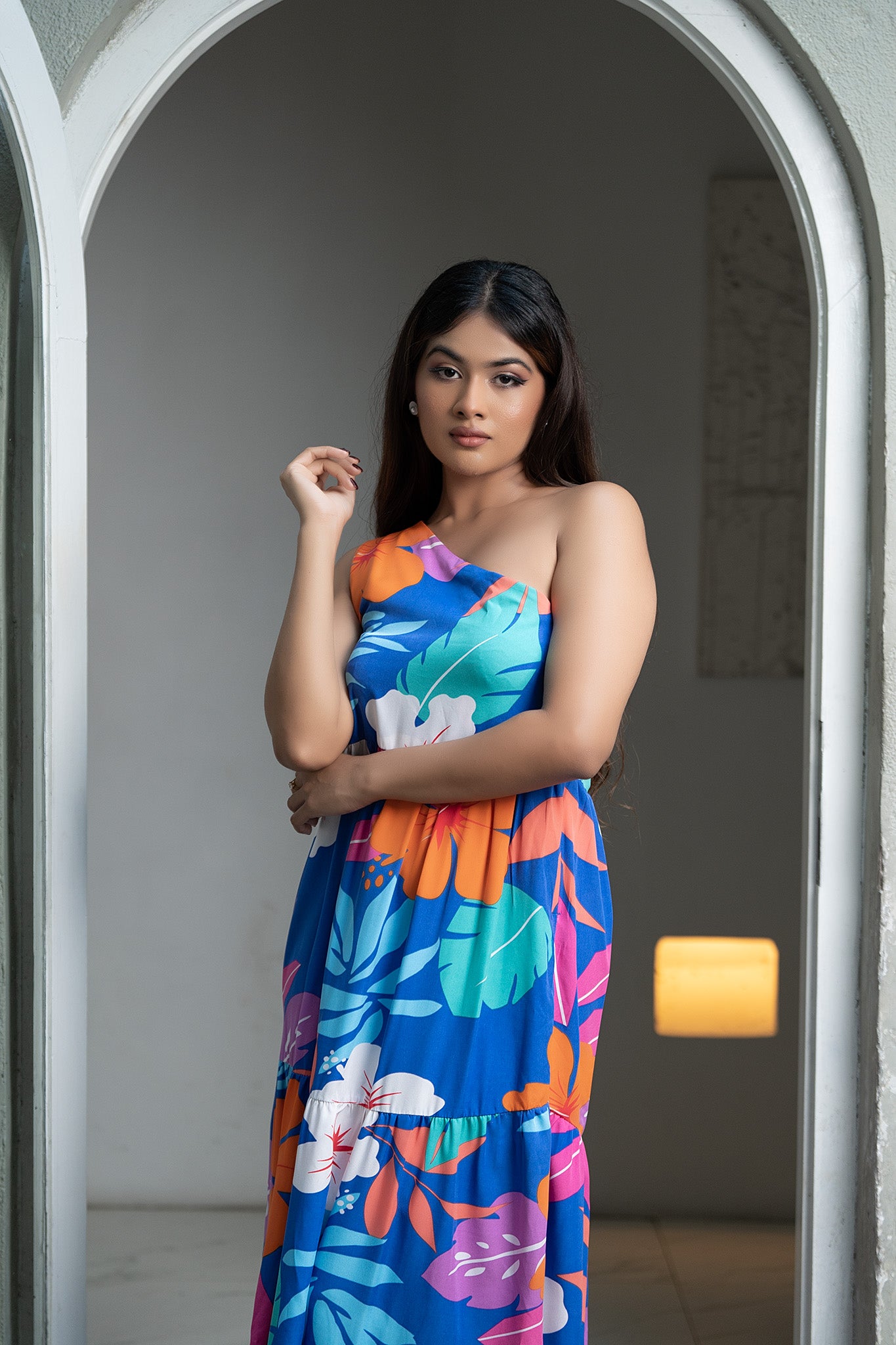 D117 | Printed One Shoulder Maxi Dress